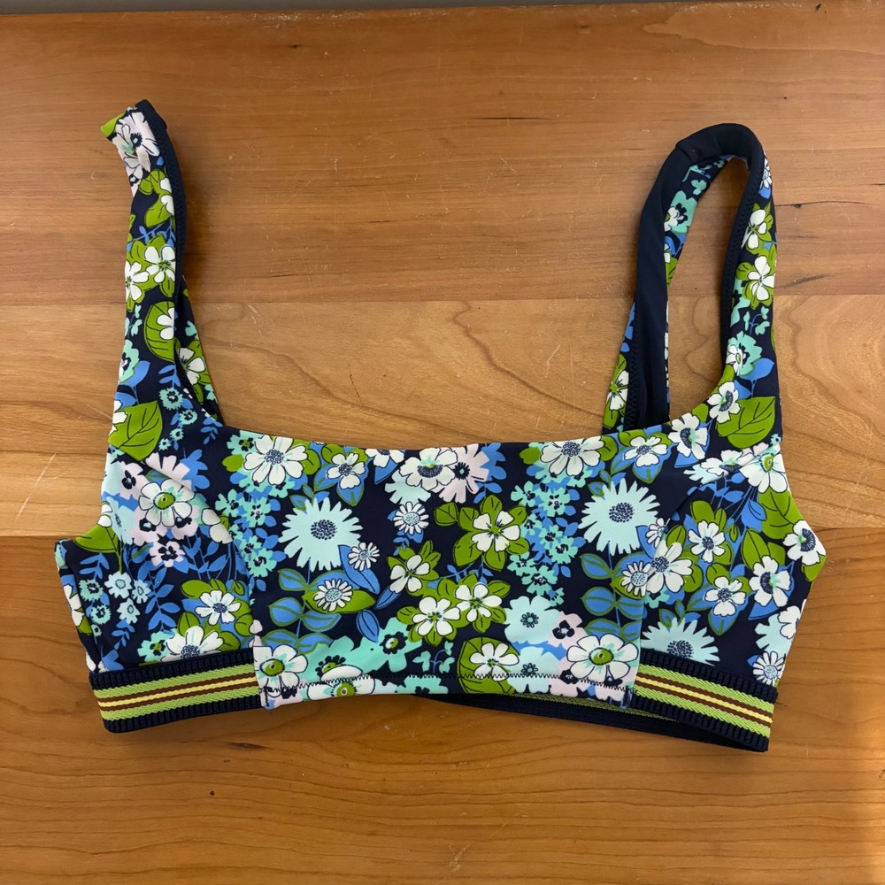 Aerie Floral Scoop Neck Bikini Top Navy Blue Green XS